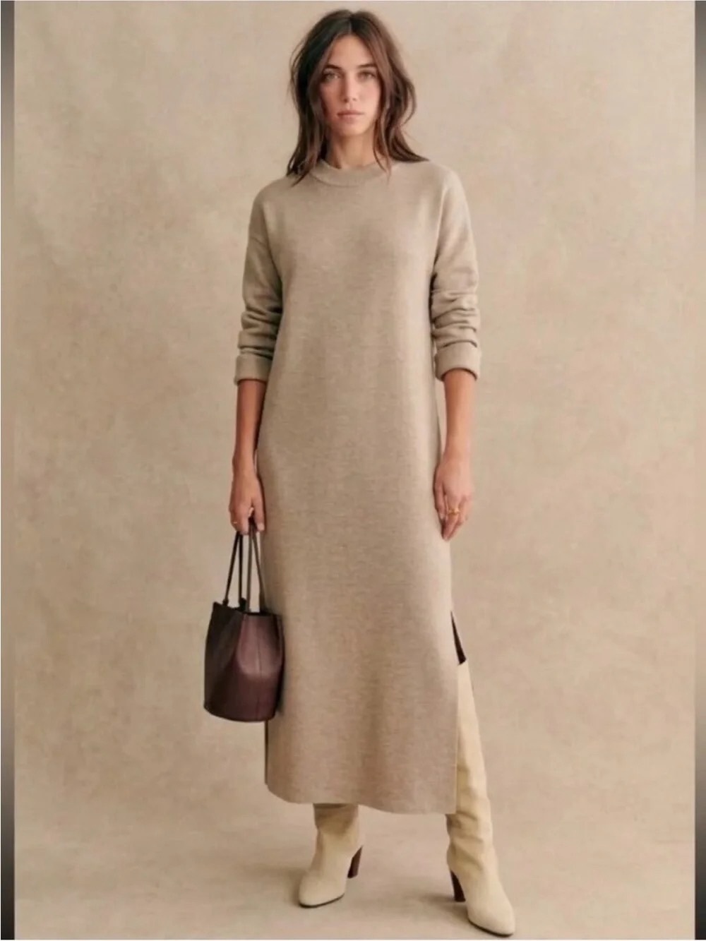 La Maille Sezane Janet in Sandstone Merino Wool Relaxed Sweater Dress